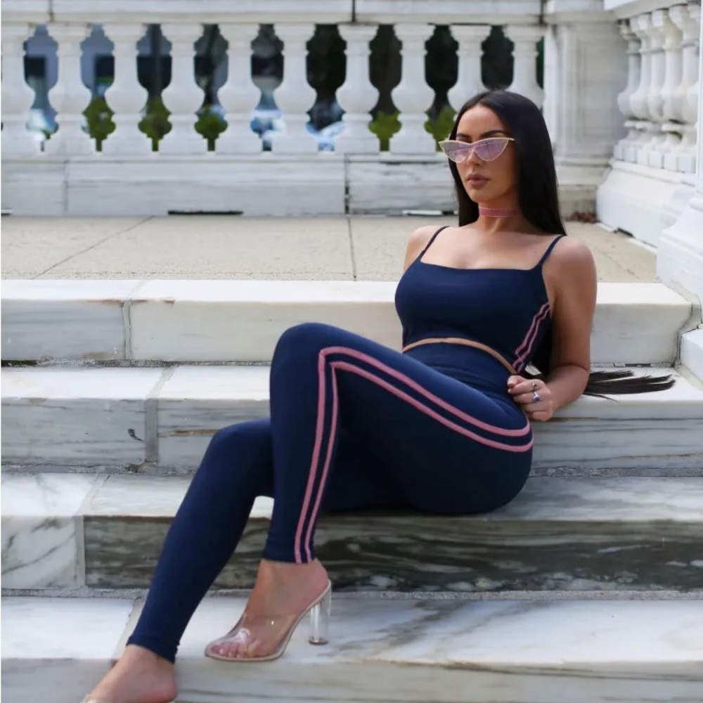Missguided | NEW! - Women's Navy Blue and Pink Striped Set